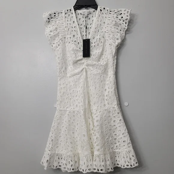 Gianni Bini Tammy V-Neck Flutter Short Sleeve Eyelet Cinched Tie Waist Mini Dres - Picture 10 of 10